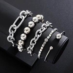 New Silver Chunky Chain Link Cuff Beaded Bracelet Set 5pc Stainless Steel Stack